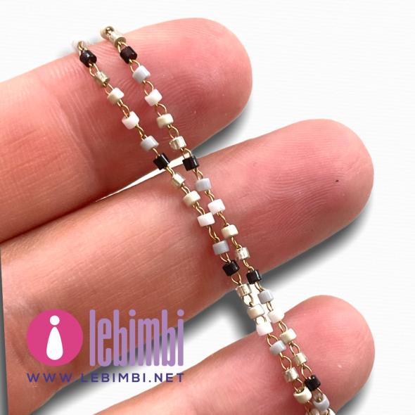 Catena a rosario acciaio inox dorato, perle in vetro 1-2x0,9-1,5mm - bianco e nero - 50cm