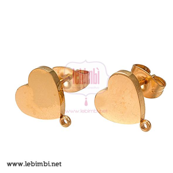 Perni per orecchini "Cuoricino", acciaio inox 304 dorato, 9,5x10mm - 1 paio